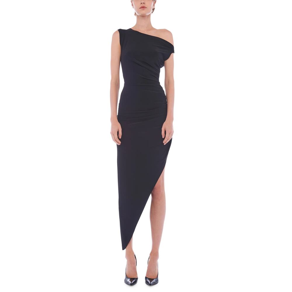 NWOT Norma Kamali Drop Shoulder Side Drape Gown Black Ruched Asymmetric SZ XL